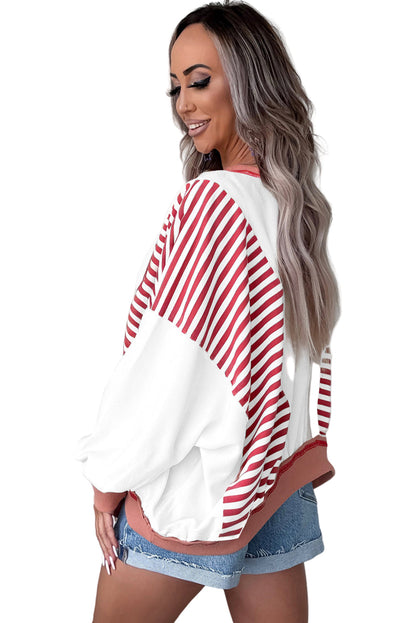 Red Stripe Color Block Patchwork Seam Detail Plus Size Sweatshirt
