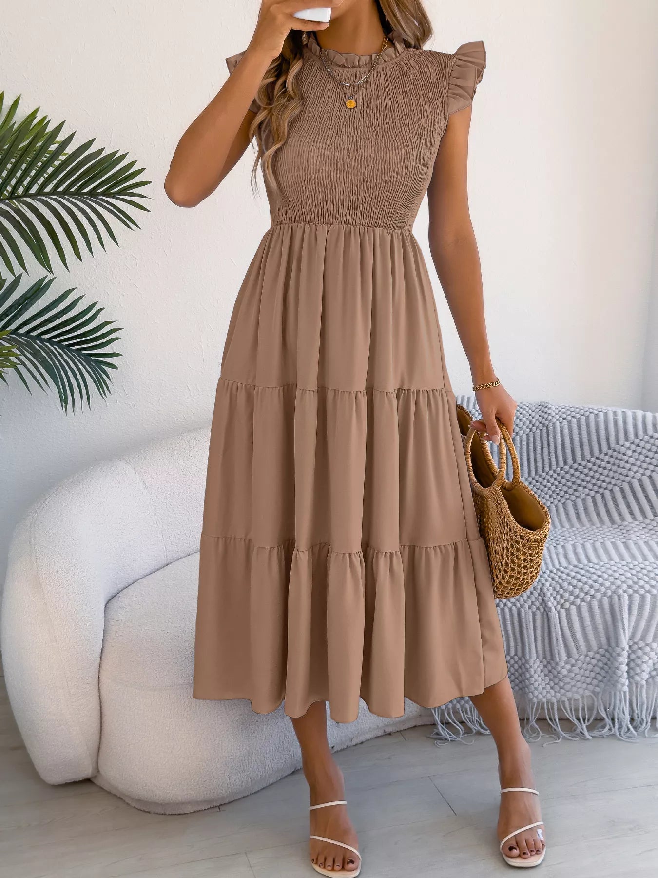 Women's Smocked Ruffle Midi Dress – Casual A-Line Cap Sleeve