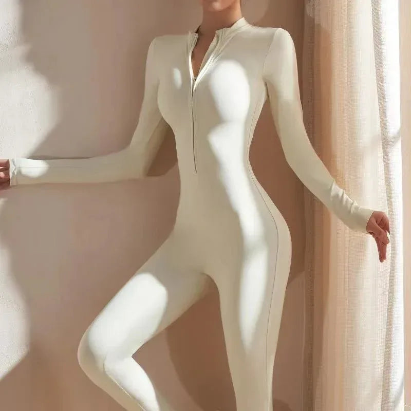 Da Beach Wear Women’s Compression Zip-Up Workout Jumpsuit - Long Sleeve Yoga Bodysuit