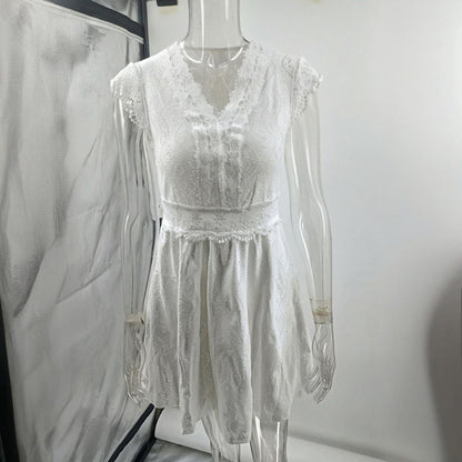 Women’s V‑Neck Short‑Sleeve Dress with Lace Trim