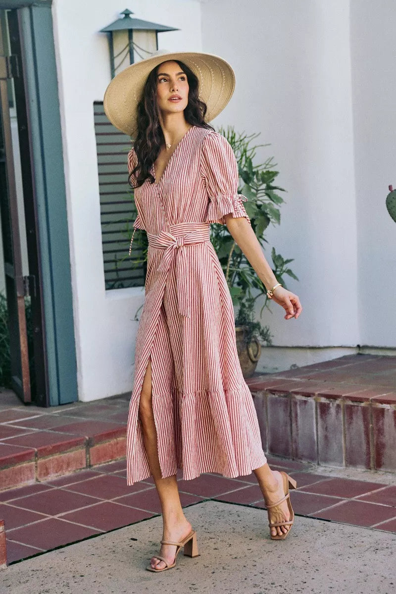 SO ME Stripe Textured Short Sleeves Lined Wrap Midi Dres