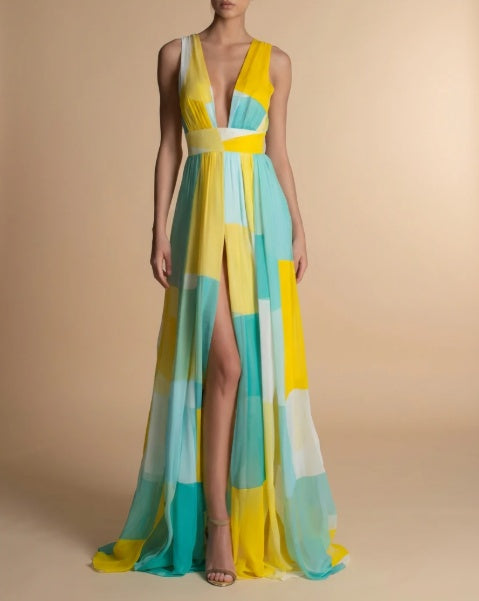 Serene Geometric Color-Block Chiffon Maxi Dress-Sun-Kissed Yellow & Azure Blue See size chart under “more details”