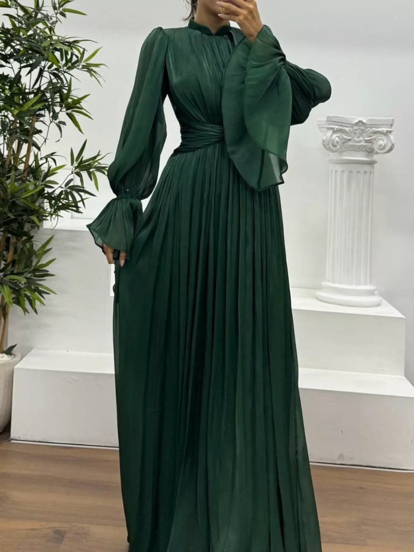 Pleated Mock Neck Long Sleeve Maxi Dress