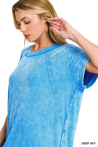 Zenana Washed Ribbed Cuffed Short Sleeve Round Neck Top