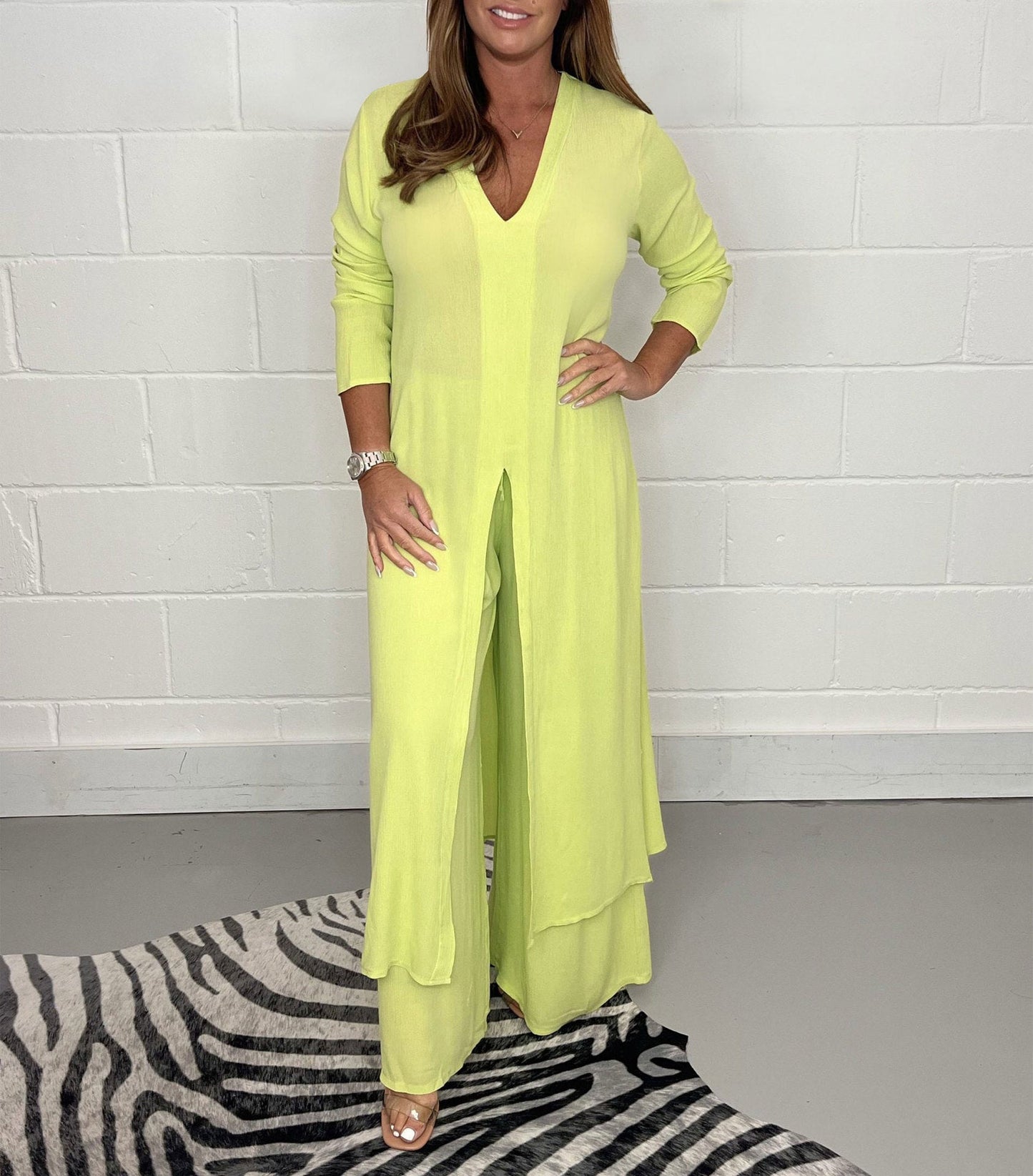 Women's Fashion Chiffon Solid Color Long Top & Pants Outfit Set