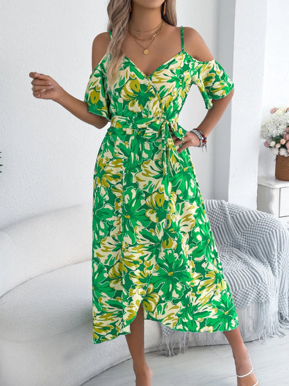Printed Cold Shoulder Midi Cami Dress