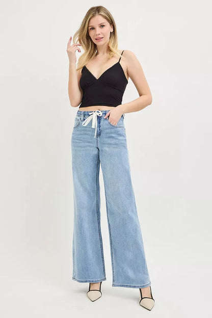 RISEN Elastic Band Slouchy Wide Jeans with Drawstring