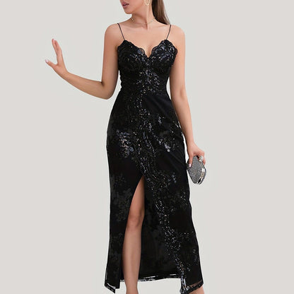 Floral Sequin Spaghetti Strap Sleeveless Party Dress