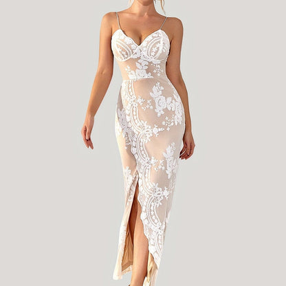 Floral Sequin Spaghetti Strap Sleeveless Party Dress