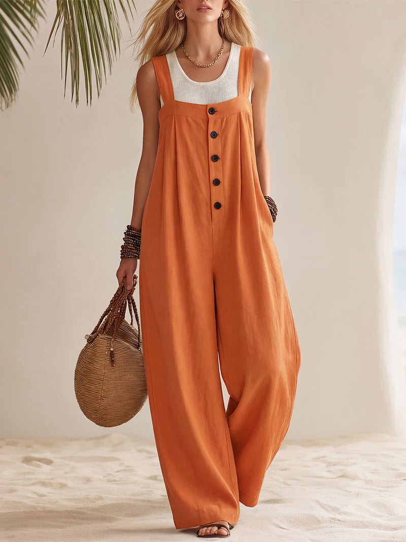 Women's Bohemian Suspender Jumpsuit with Button & Patchwork Detail