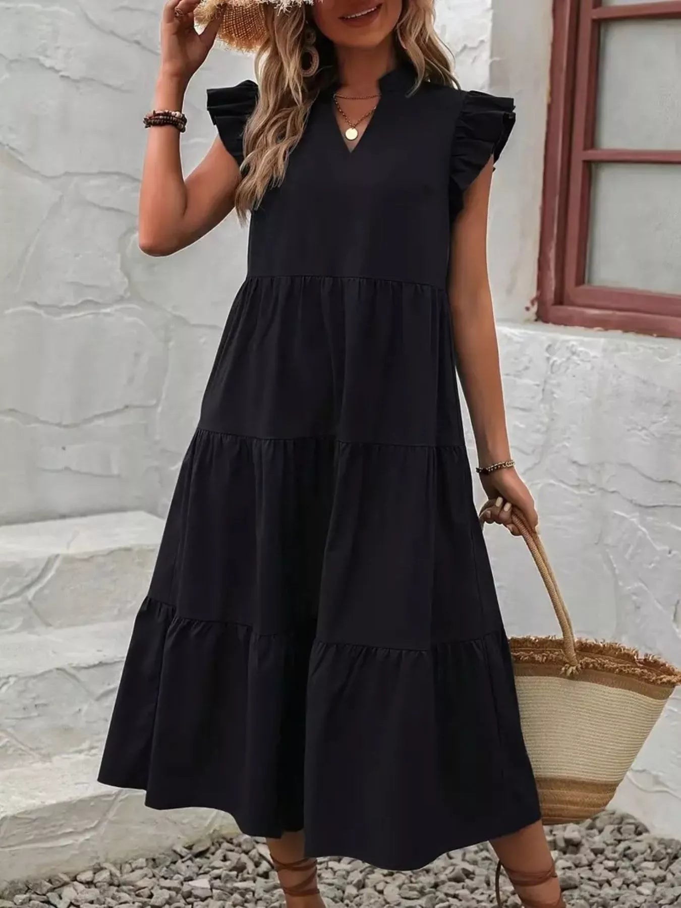 Ruffle Sleeve Tiered Midi Dress