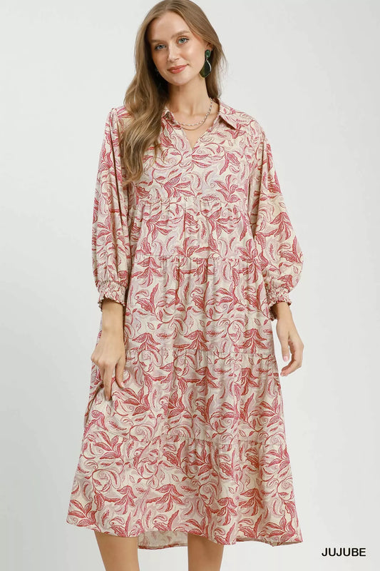 Umgee Linen Botanical Print Tiered Midi Dress