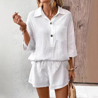 Women's Lapel Collar Double-Panel Shirt & Shorts Two-Piece Set
