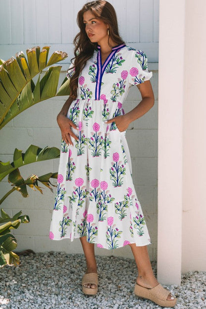 Julietta Floral Puff Short Sleeve V Neck High Waist Dress