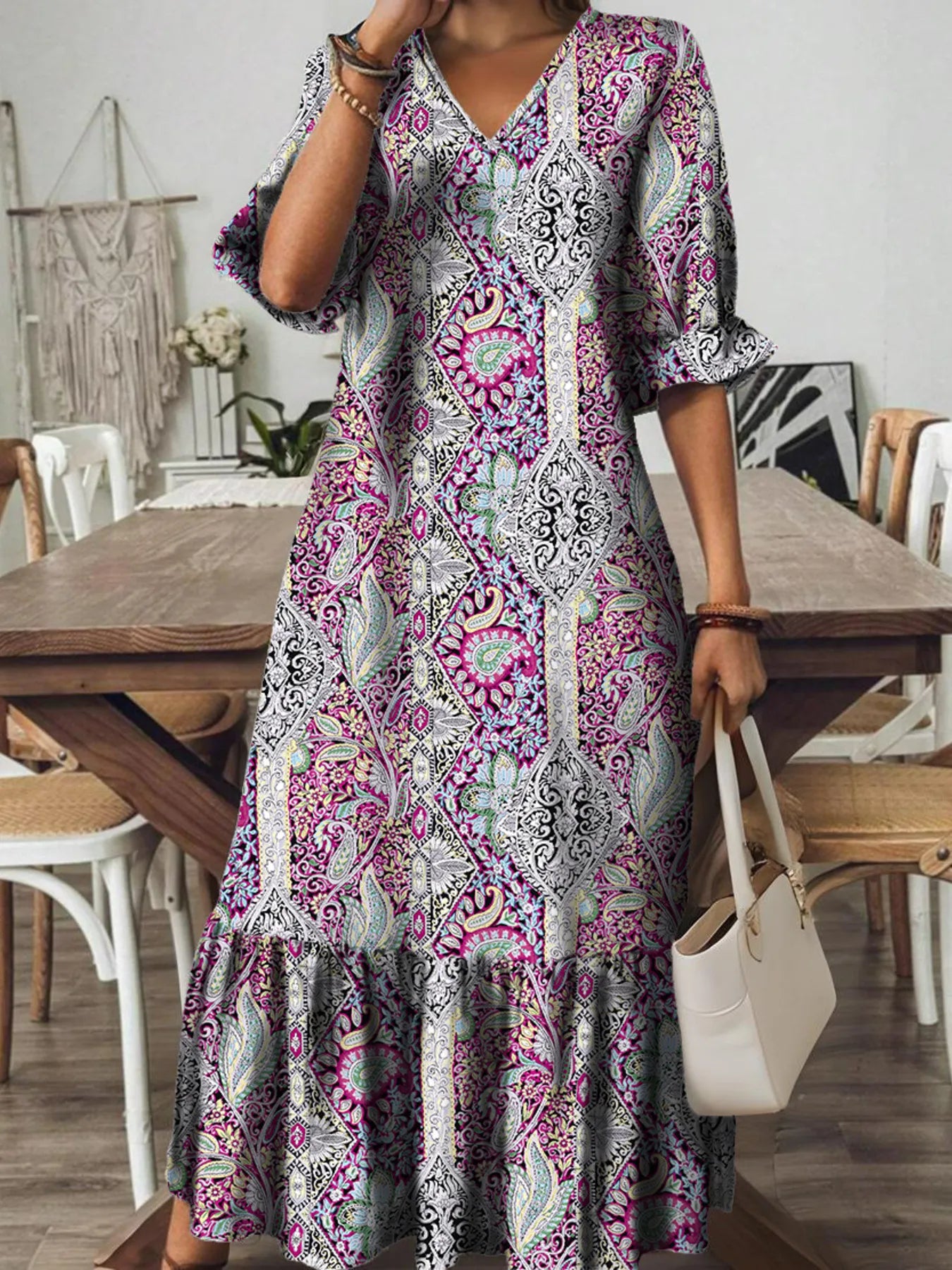 Bohemian Paisley Print V-Neck Midi Dress