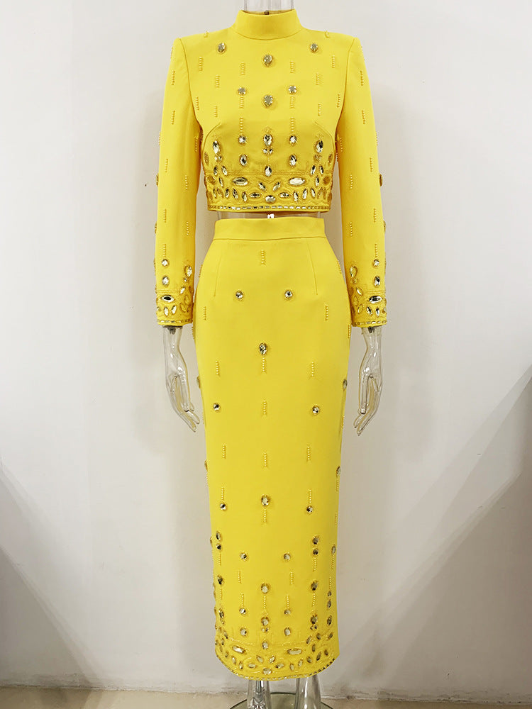 Fashion New Heavy Industry Beads Diamond Inlaid Short Top Long Skirt Suit See size chart under “more details”