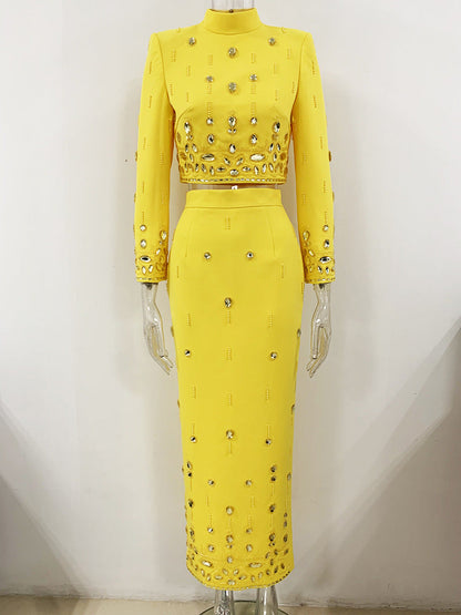 Fashion New Heavy Industry Beads Diamond Inlaid Short Top Long Skirt Suit See size chart under “more details”