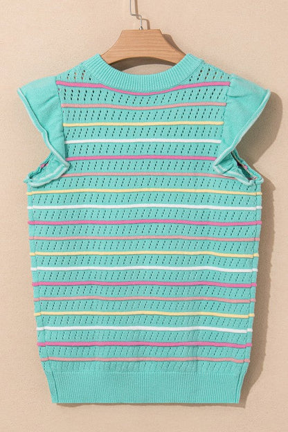 Stripe Eyelet Knit Ruffle Sleeve Sweater