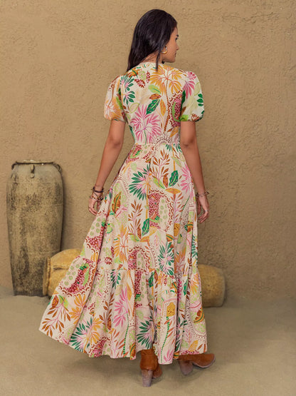 Lace Trim Floral Print Puff Sleeve Dress