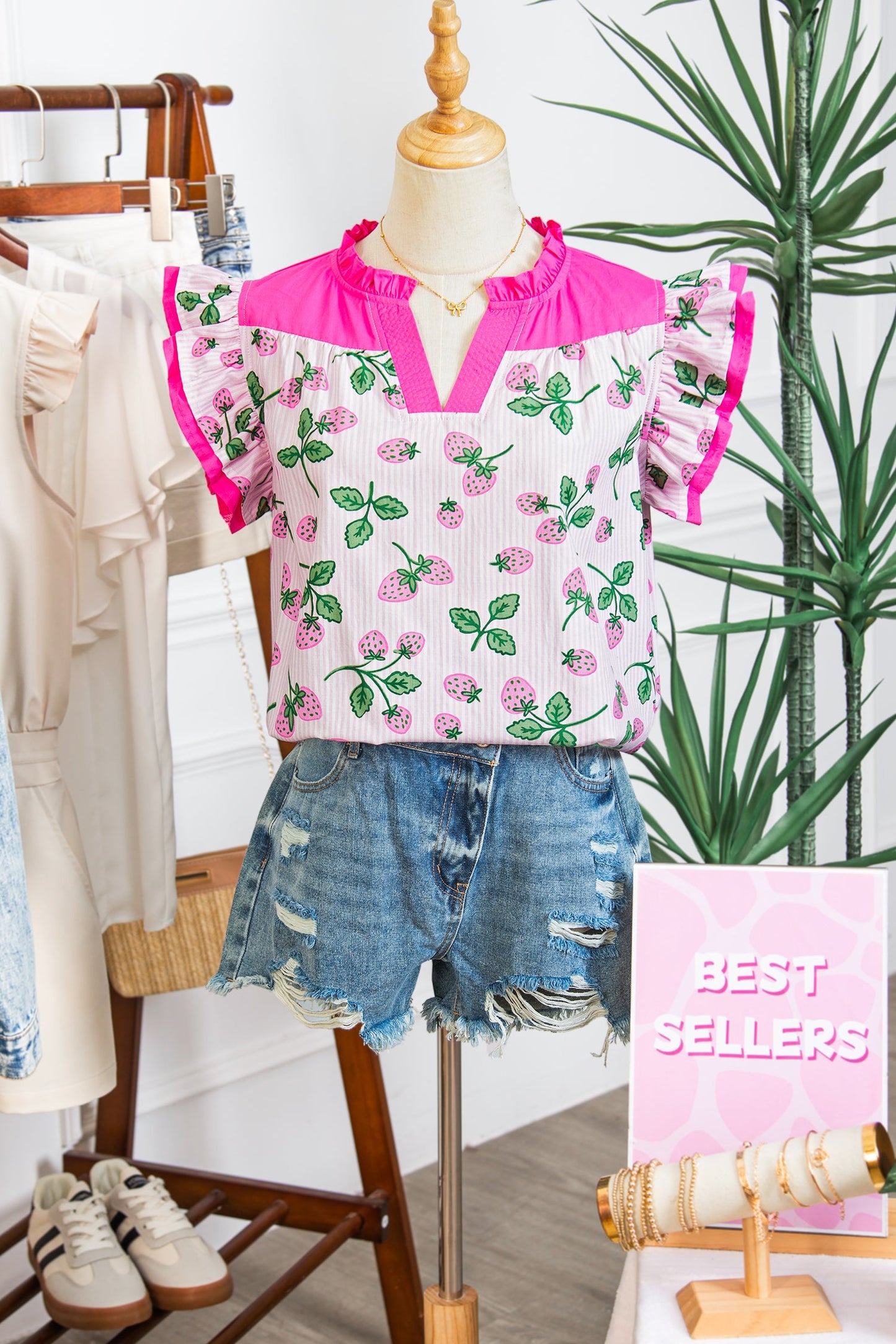 Stripe Strawberry Patchwork Flutter Sleeve V-Neck Blouse