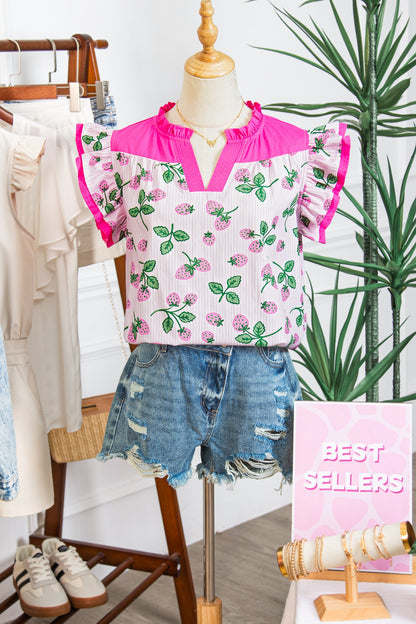 Stripe Strawberry Patchwork Flutter Sleeve V-Neck Blouse