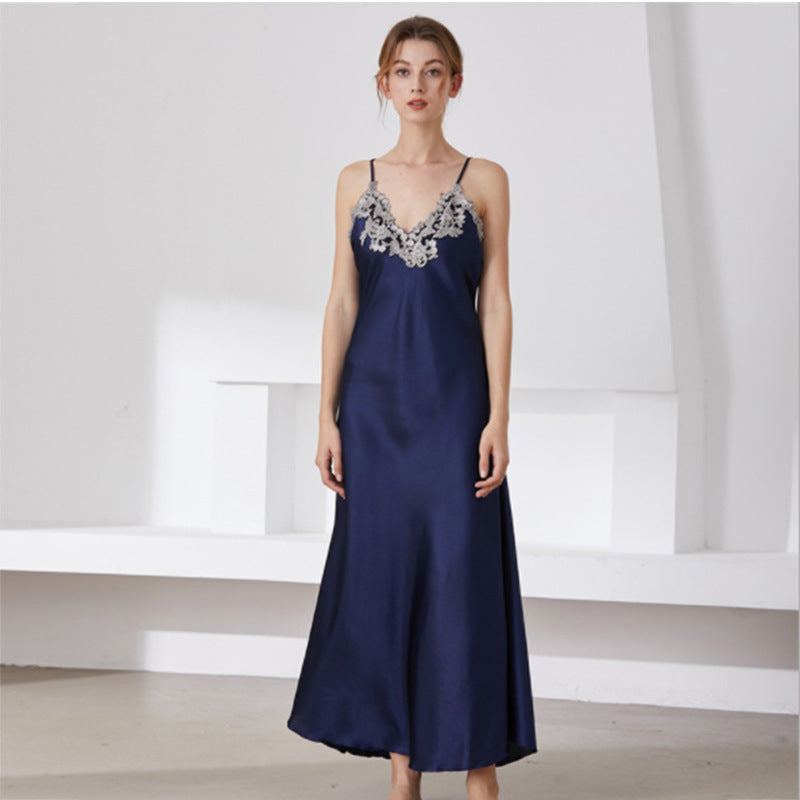 Imitated Silk Lace Sexy V-neck Long Slip Nightdress Pajamas Homewear