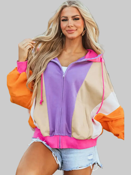 Women Drawstring Color Block Zip Up Long Sleeve Hoodie
