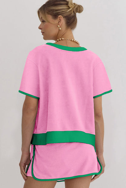 Luxury Colorblock Edge Drop Shoulder T Shirt and Skort Set