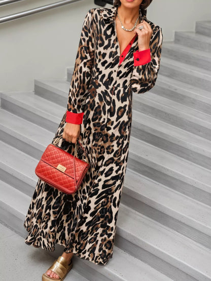 Leopard Print Long Sleeve Shirt Dress with Contrast Trim