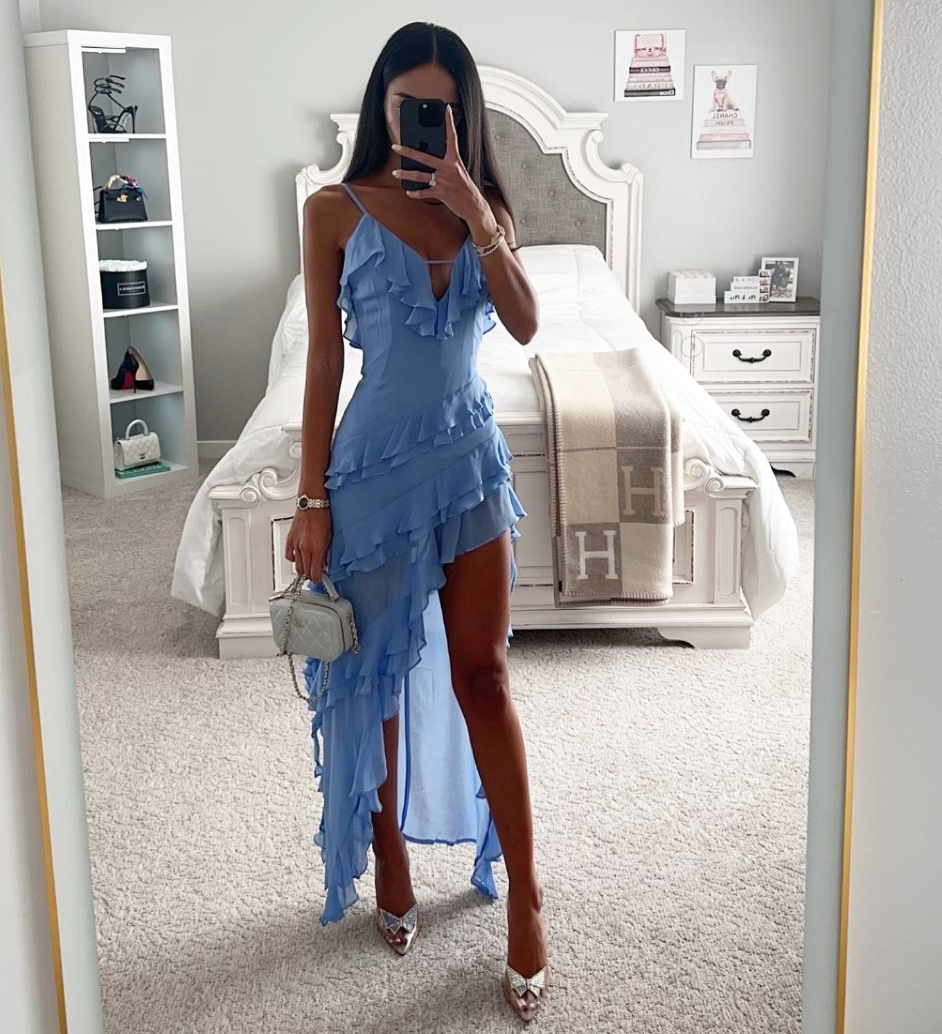 Light Sky Blue Maxi Slit Dress – V-Neck Layered Summer Dress