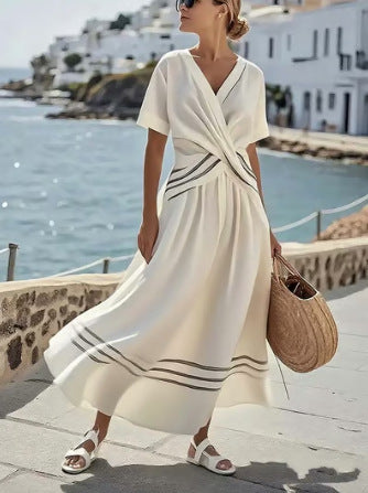 Casual Loose Retro Striped Print Holiday Dress Summer Short Sleeve V Neck Robes Dress Boho Beach Pleated A-Line Long Dress Woman (see size guide under more details)