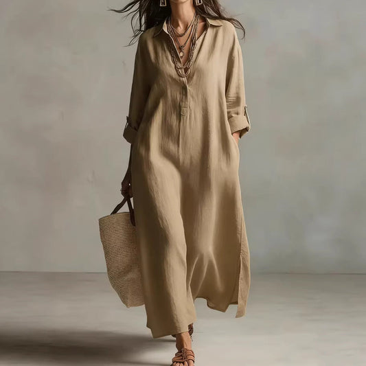 Women's Casual Long-Sleeve Linen Shirt Dress – Relaxed Fit