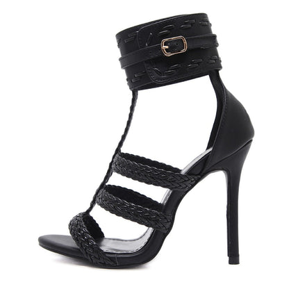 Women's High Heeled Open-Toe Sandals - Handwoven Style
