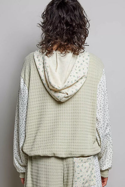 POL Mixed Knit Contrast Print Sleeve Hoodie with Kangaroo Pocket