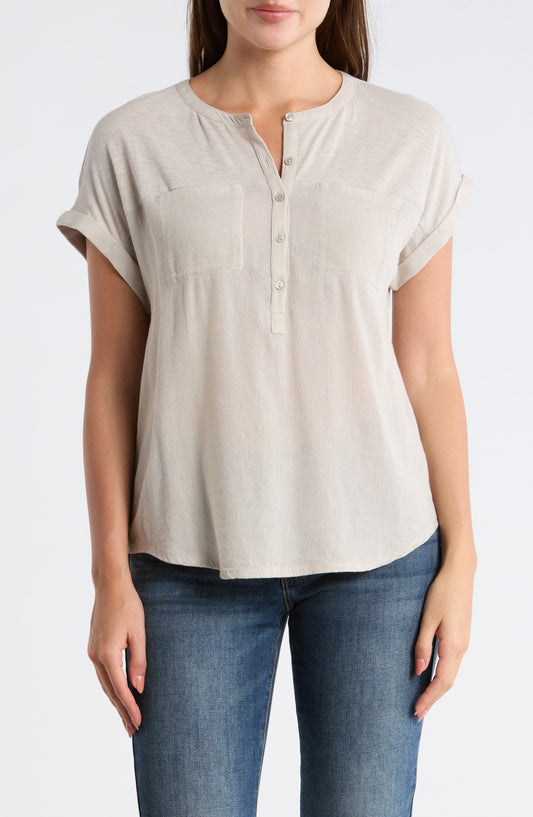 [7WD61511-290] WOMENS LUCKY BRAND MIXED MEDIA HENLEY - DOVE