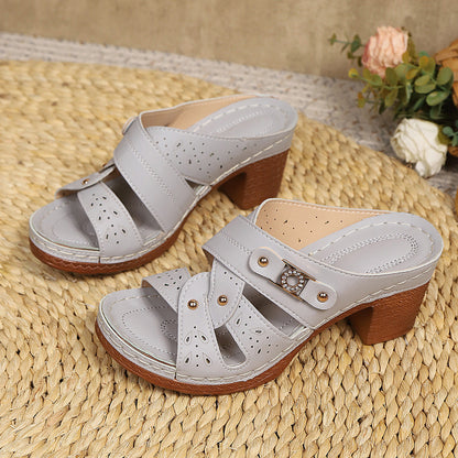 Women's High-Heel Slip-On Sandals – Round Toe Summer Slippers
