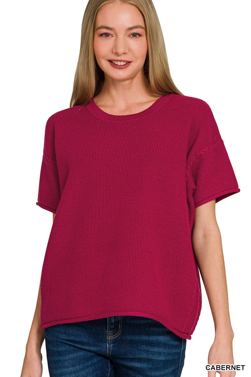 Zenana Viscose Round-neck Short Sleeve Sweater