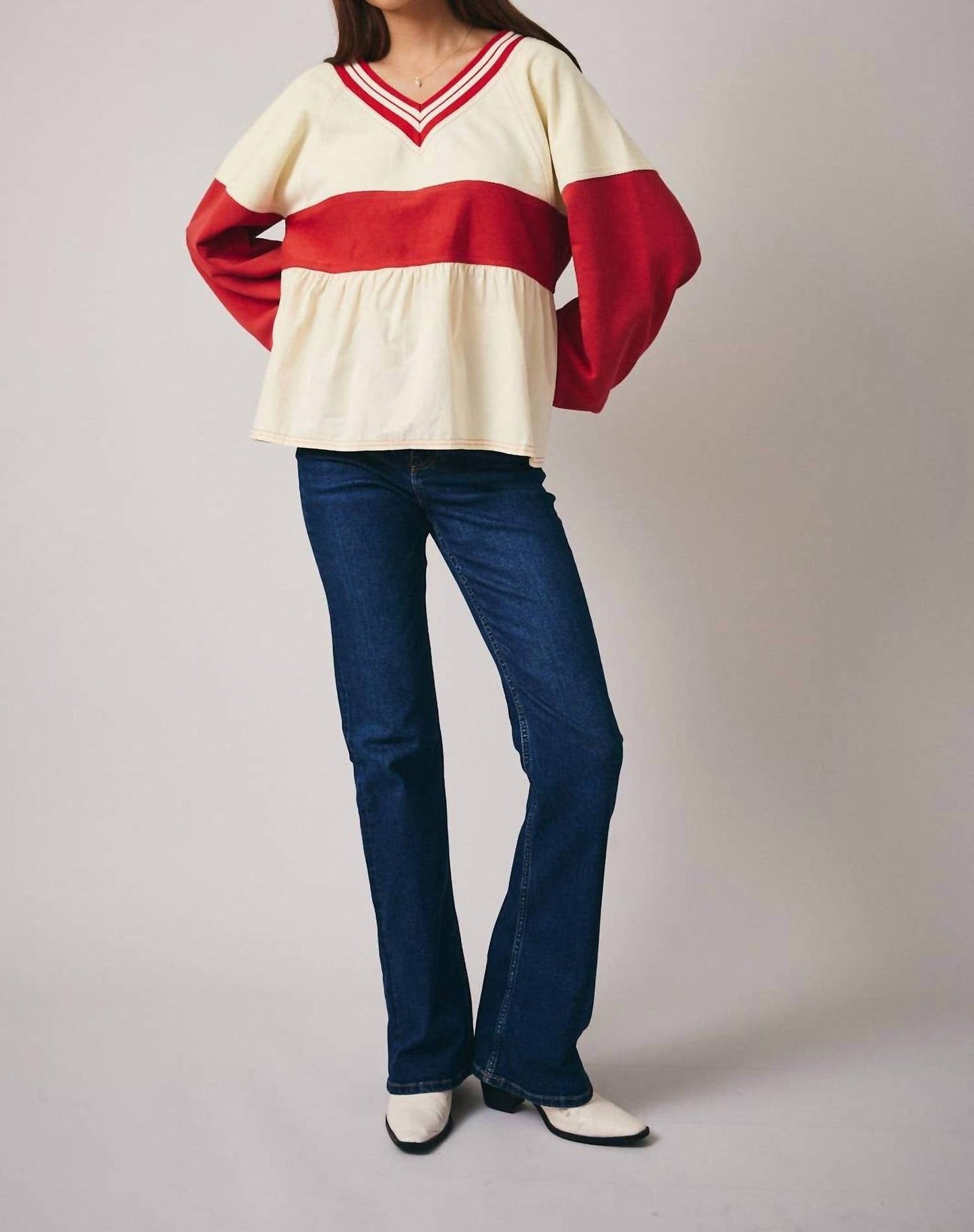 Colorblock V Neck Babydoll Top