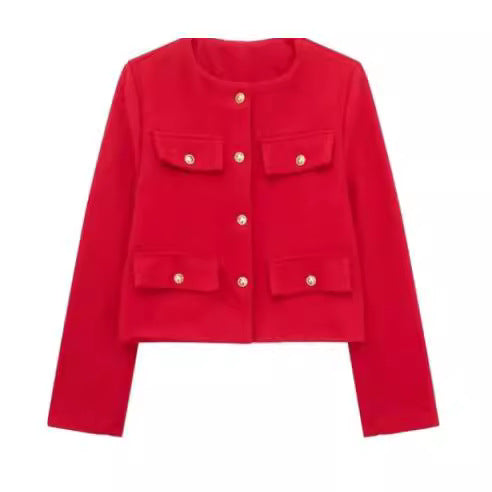Pocket-decorated Crew-neck Cropped Chic Chanel-style Jacket Top