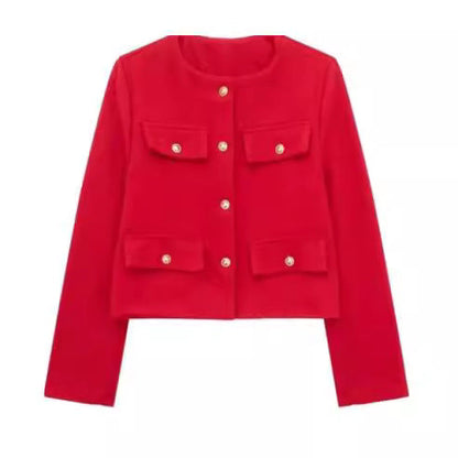 Pocket-decorated Crew-neck Cropped Chic Chanel-style Jacket Top