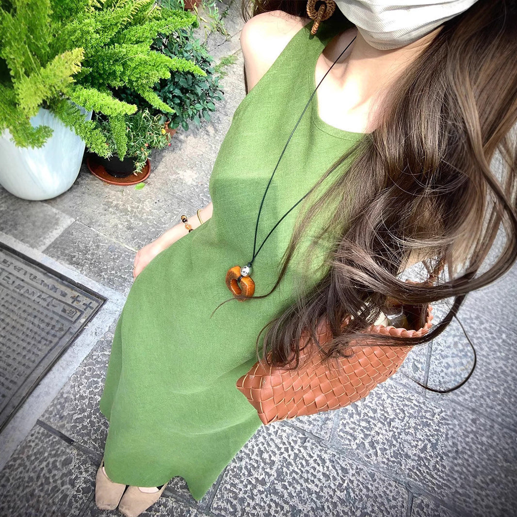 French Green Sleeveless Vest Dress