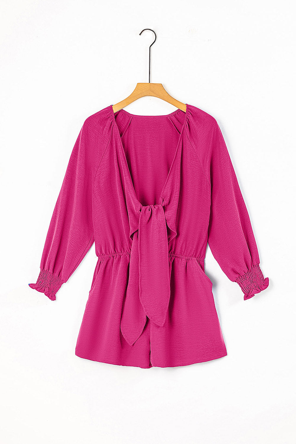 Solid Tie Knot V-Neck Puff Sleeve Romper