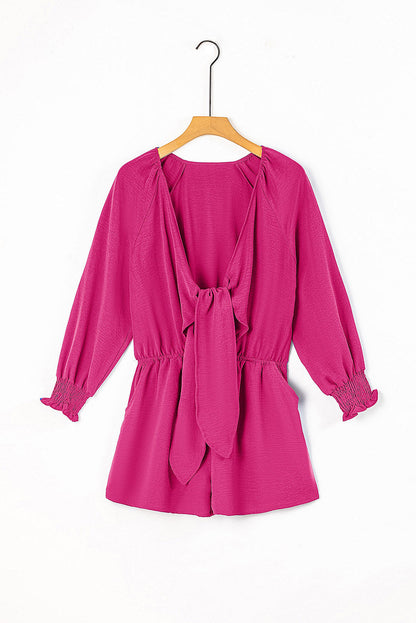 Solid Tie Knot V-Neck Puff Sleeve Romper