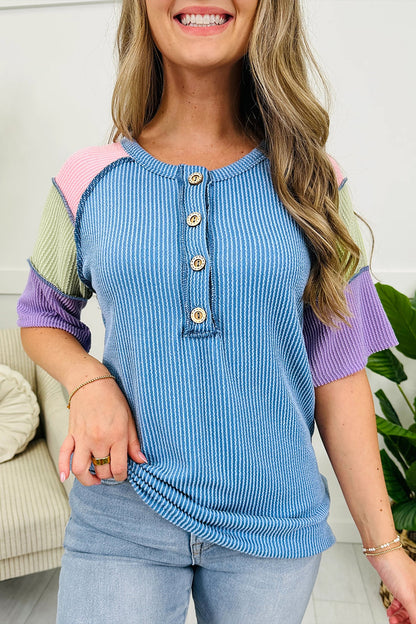 Bright Pink Twisted Ribbed Color Block Patchwork Henley Short Sleeve T Shirt