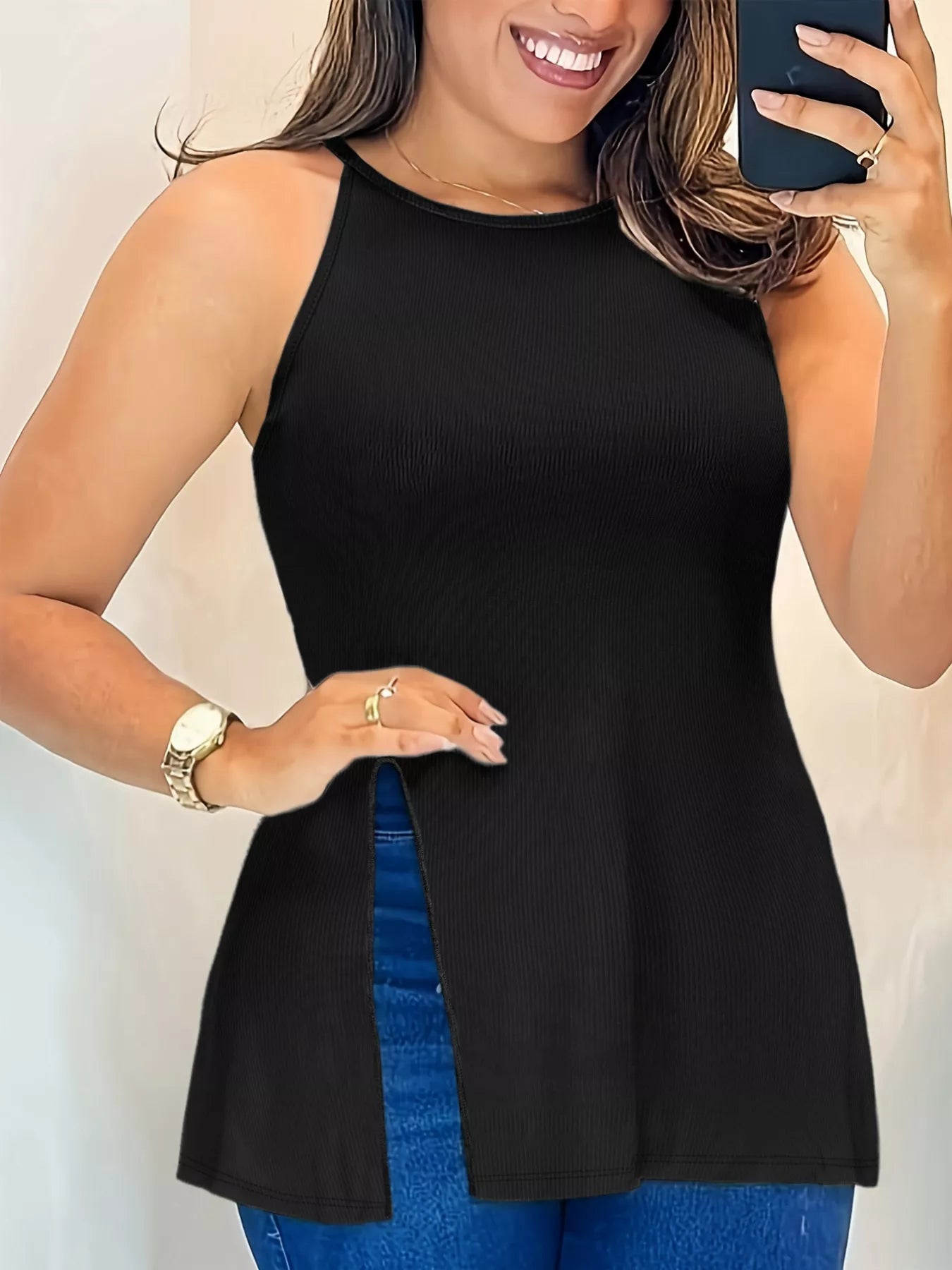 Plus Size Slit Round Neck Cami See size chart under “more details”