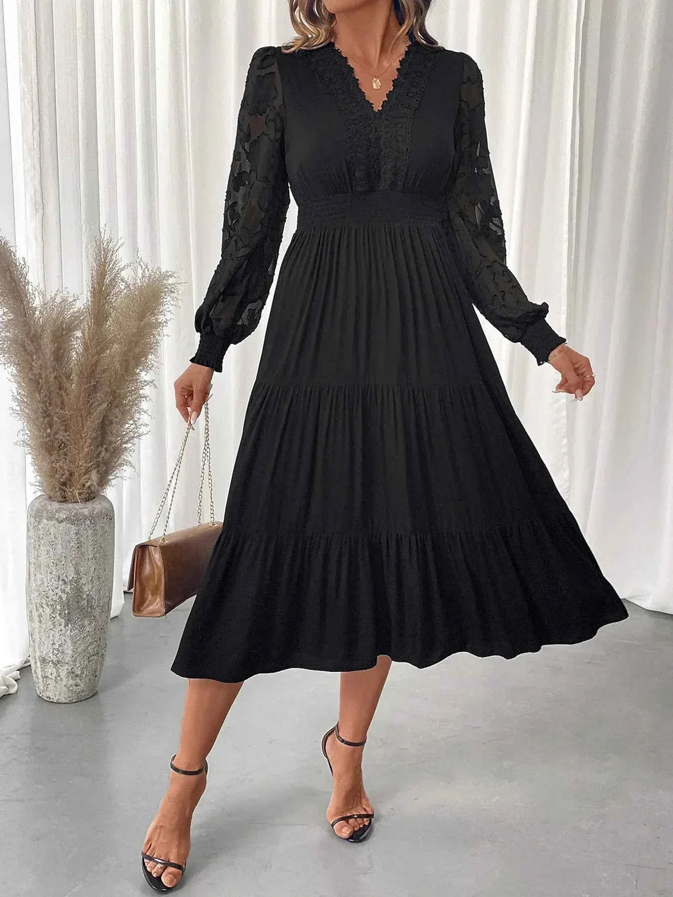 Lace Detail Lantern Sleeve Dress - Elegant Tiered Style for Any Occasion