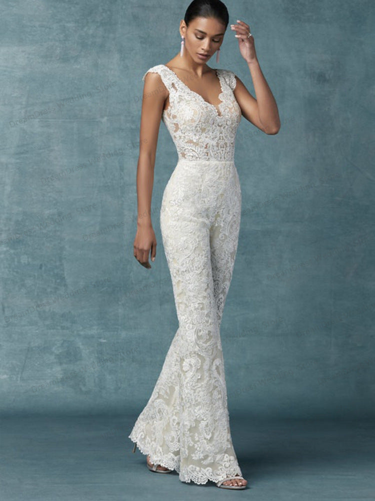 Embroidery Lace Pantsuit One-piece Personality Niche Wedding Dress Two-piece Suit By Silk
