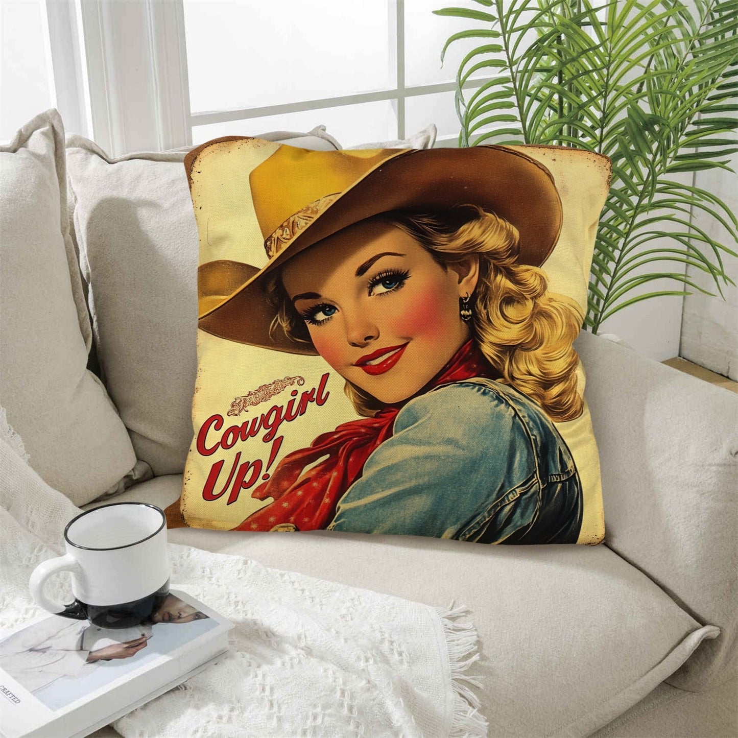 Baha Ranch Vintage Cowgirl Up Throw Pillow Case 18 x 18 Made in America