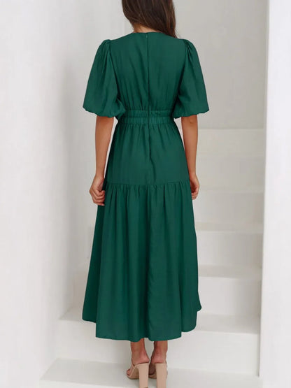 V-Neck Puff Sleeve Midi Dress
