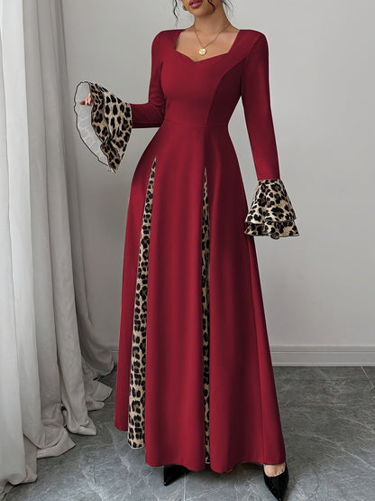 European And American Women's Clothing Leopard Print Contrast Color Long Dress